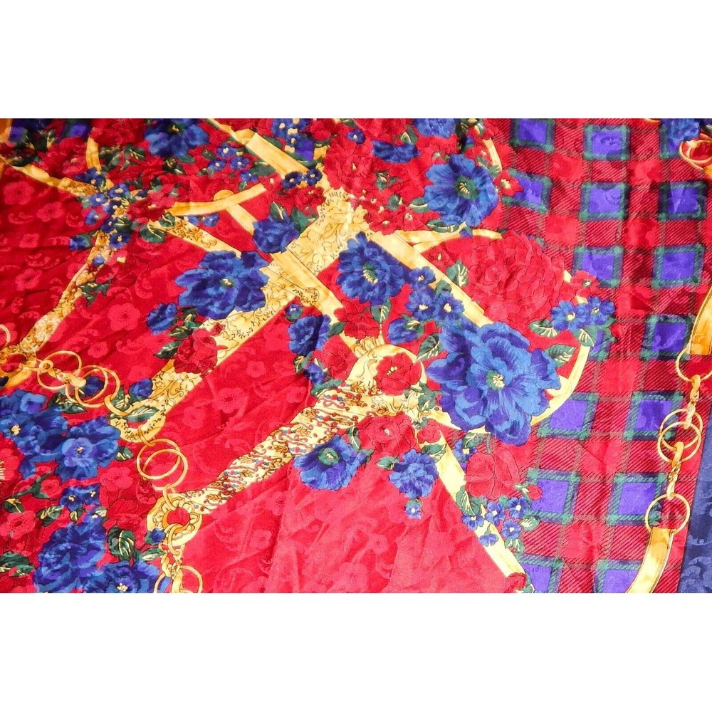 Ricki Freeman For Teri Jon Floral Silk Scarf Navy Red Gold Plaid Korea - Picture 16 of 16